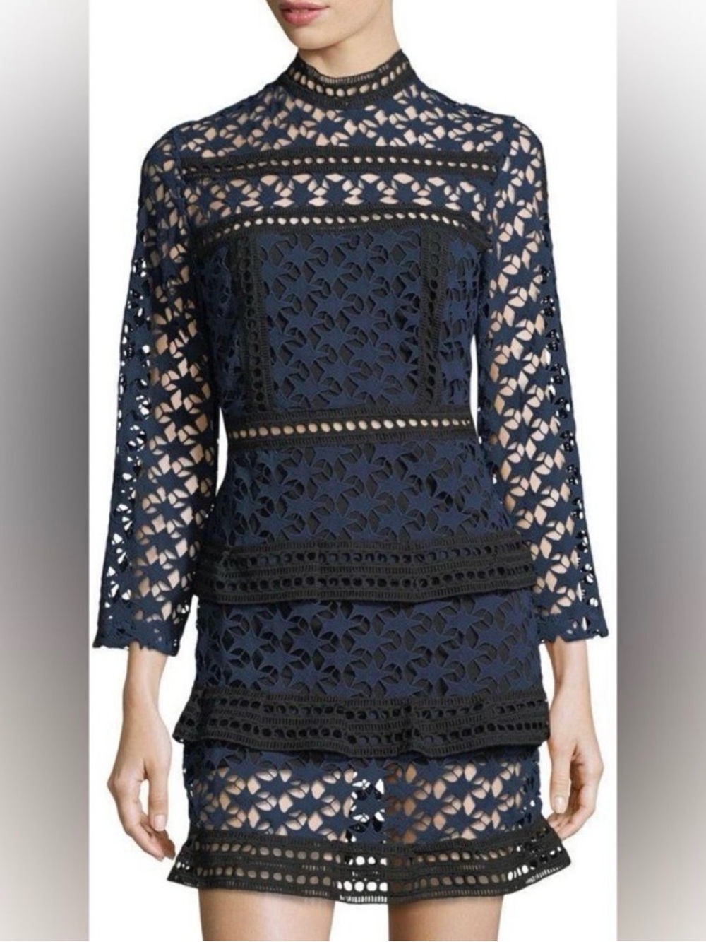 Few Moda Women's Navy Blue Lace Overlay Dress with Black Detail L